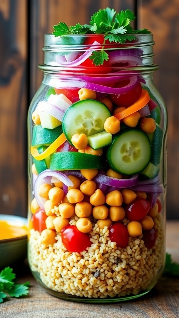 Mason jar salad with quinoa, chickpeas, bell peppers, tomatoes, and cucumbers on a wooden table.